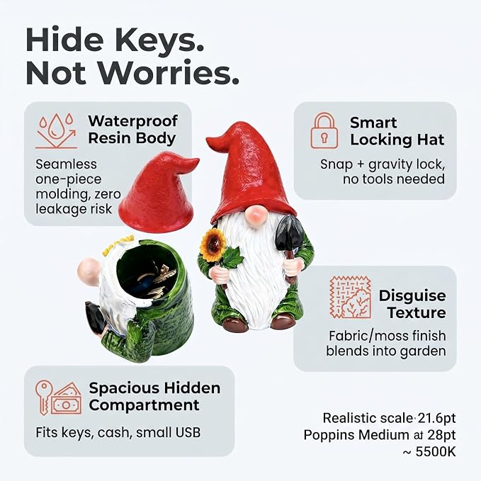 Hide a Key Outside Garden Gnomes Key Hider, 8 Inch Funny Dwarf Statue with Hidden Safe Secret Compartment, Waterproof Lock Box for Spare Keys, Outdoor Yard Patio Lawn Decor
