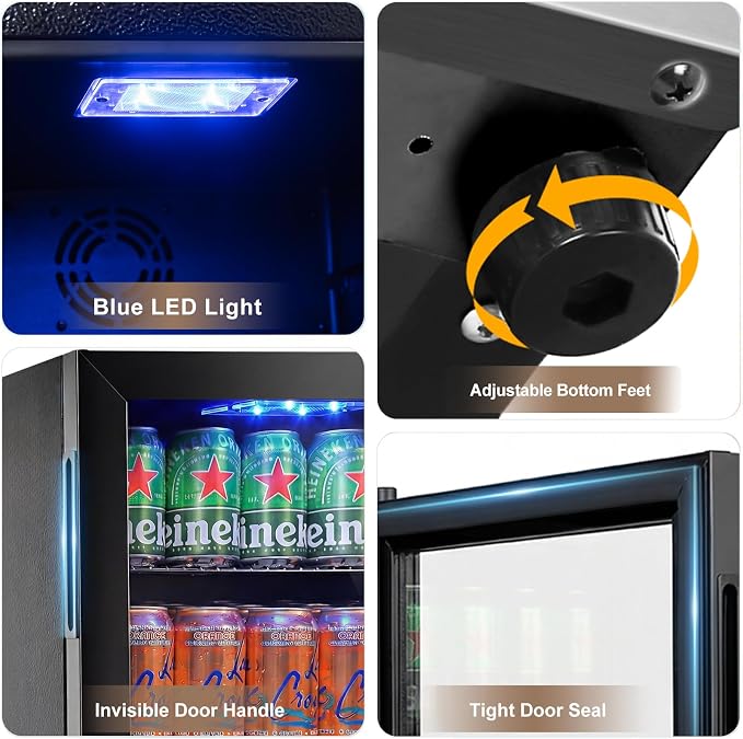 FoMup Mini Fridge 50 Can, Small Beverage Refrigerator with Reversible Glass Door, Countertop Drink Cooler with Temperature Control, Compact Beer Soda Fridge for Office Dorm Kitchen, Black