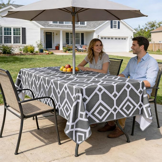 LUSHVIDA Moroccan Outdoor Tablecloth with Umbrella Hole and Zipper, 60 x 84 Inch Grey, Rectangle Waterproof Wrinkle Free Table Cloth Decorative Fabric Washable Table Cover for Patio, Party, Picnic