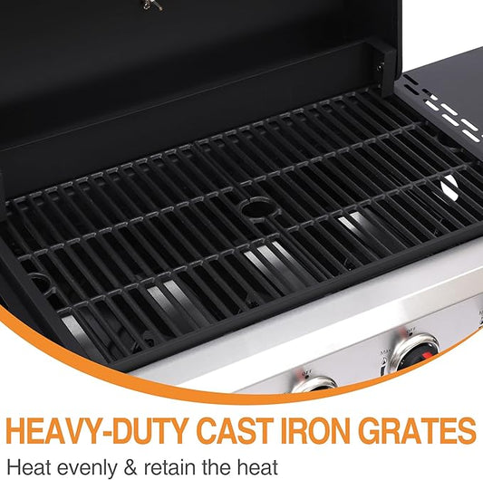4 Burner Propane Gas Grill, Portable BBQ Grill with Cast Iron Grate & Griddle Pan, Folding Side Table for Camping Backyard, 40000 BTU Easy-Clean Outdoor Cooking