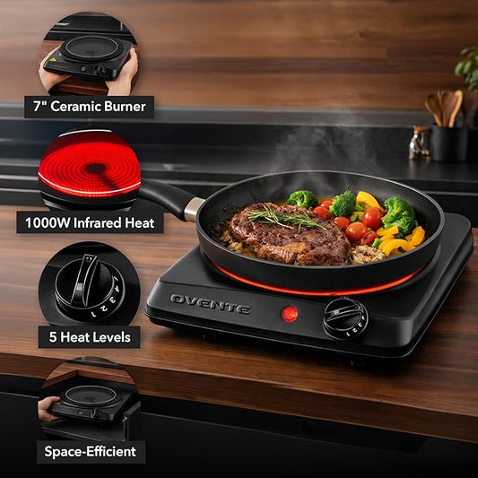 OVENTE Countertop Infrared Single Burner, 1000W Electric Hot Plate with 7โ Ceramic Glass Cooktop, 5 Level Temperature Setting & Easy to Clean Base, Compact Stove for Home Dorm Office, Black BGI101B