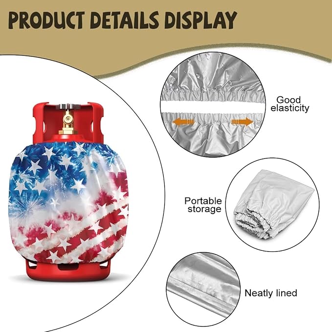 Dual Propane Tank Cover 20 lb Patriotic American Flag Weather Resistant Gas Cylinder Polyester Blue Red 4th of July Decoration for Travel Trailer RV and Outdoor Use