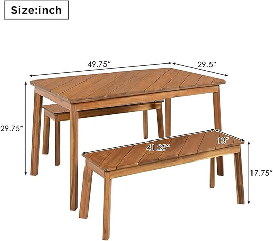 3 Pieces Acacia Wood Table with 2 Benches Dining Set Outdoor Indoor Furniture, Picnic Beer for Patio, Porch, Garden, Poolside - Natural