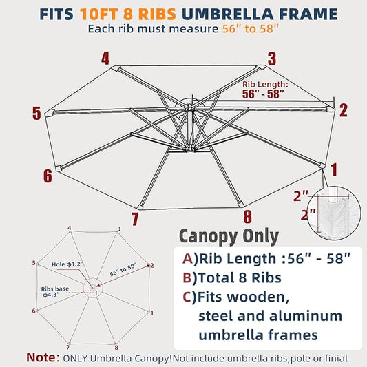 10ft Patio Umbrella Replacement Canopy for 8 ribs, Fits Hanging Offset Cantilever Market Outdoor Patio Shades๏ผCanopy Only