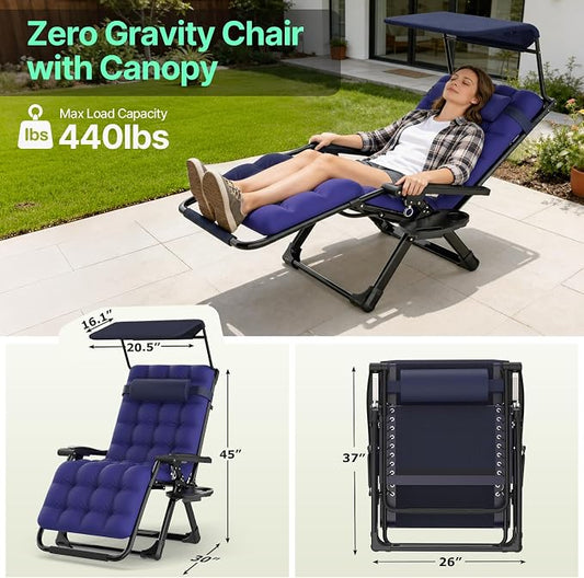 Suteck Zero Gravity Chair with Canopy, Reclining Camping Lounge Chairs | w/Removable Cushion, Upgraded Lock and Cup Holder, Folding Patio Recliner for Indoor and Outdoor,90°-170° Adjust