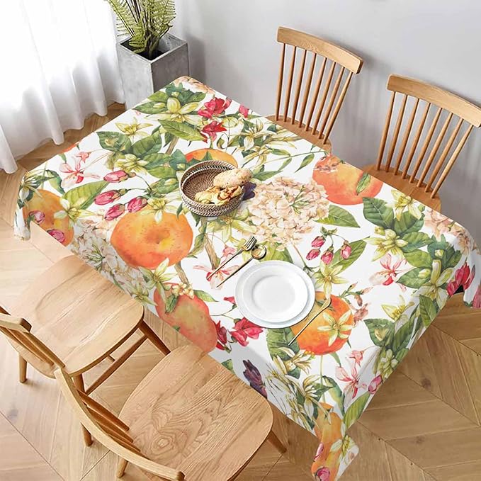 TKS MITLAN Tablecloth Orange Tree Table Cloth Rectangle Table 60 x 84 Inch Watercolor Flower Bloom Leaves Fresh Fruit Harvest Lively Bright Summer Kitchen Decorations for Home Dinner Party