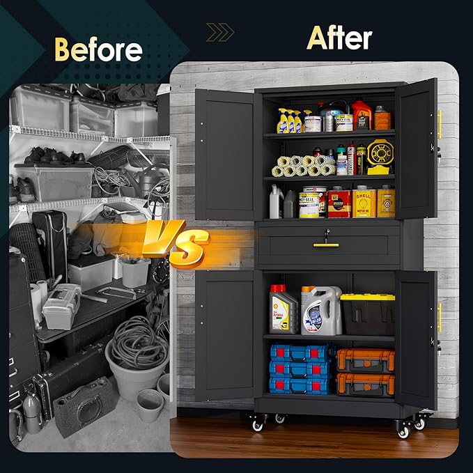PAOFIN Metal Tall Storage Cabinet with Drawer, Garage Storage Cabinet with Locking Doors and 3 Adjustable Shelves, 71" H Steel Cabinets for Garage, Home, Office, Black, Assembly Required