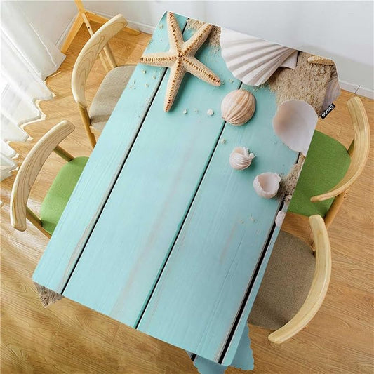 Swono Seashells Tablecloth Ocean Sand Starfish Seashells On Wooden Decorative Table Cover for Kitchen, Dinner Room, Party Banquet and Holiday Tablecloth, 52x70 Inch(4-6 Seats)