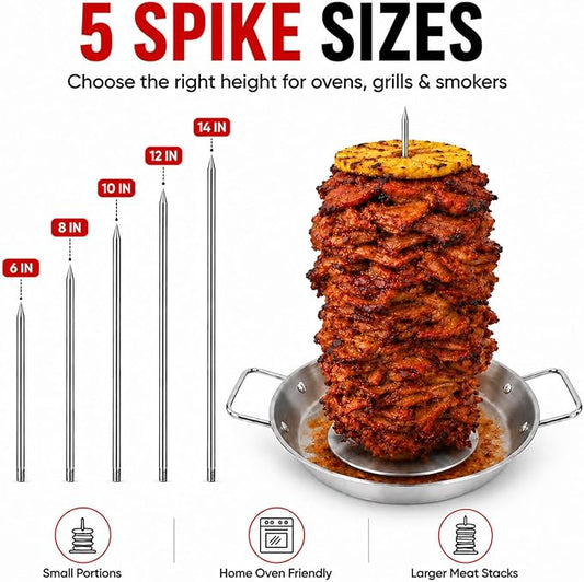 Al Pastor Skewer for Grill, 10 Inch Stainless Steel Vertical Skewer Pan with 5 Spikes, Grease Separator Tray, Tongs, Gloves & Basting Brushes, Shawarma Gyro Kebab Stand for Oven Smoker BBQ
