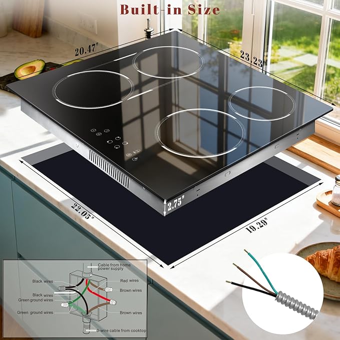 24 Inch Electric Cooktop Built-in, 4 Burner Electric Stove with 6900W Total High Power, 24" Ceramic Cooktop with BBQ Burner, Touch Control, Child Safety Lock, 220V-240V Hard Wire, No Plug