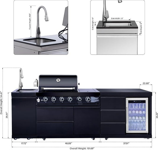 MAHARLIKA Modular Black Outdoor BBQ Kitchen island, 304 Stainless Steel Freestanding Propane Grill with Sink, Prep Counter & Built-in Drink Cooler for Patio Backyard Entertaining