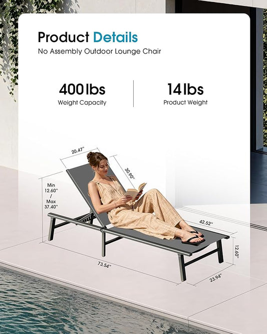 Ciokea Foldable Outdoor Lounge Chair Set of 4 with 3 Aluminum Side Table, No Assembly Aluminum Chaise Lounge Outdoor with 5-Positions & Portable Design for Poolside, Beach, Deck, Patio, Grey