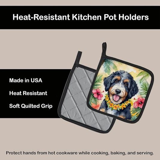 Caroline's Treasures Bernedoodle Luau Pair of Pot Holders Kitchen Heat Resistant Pot Holders Sets Oven Hot Pads for Cooking Baking BBQ, 7 1/2 x 7 1/2