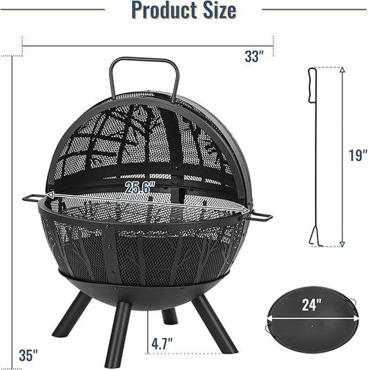 Panovue 35 Inch Wood Burning Fire Pit with BBQ Grill, Heavy Duty Fire Pits Ball for Outside with Spark Screen & Removable Ash Pan, Outdoor firepit & Fireplace for Bonfire in Garden, Yard