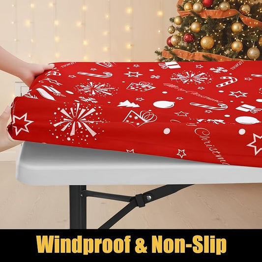 Smiry Rectangle Christmas Table Cloth, Waterproof Elastic Fitted Tablecloths for 8 Foot Tables, Washable Polyester Table Cover for Christmas Dinner (Snowflower, 30"x96")
