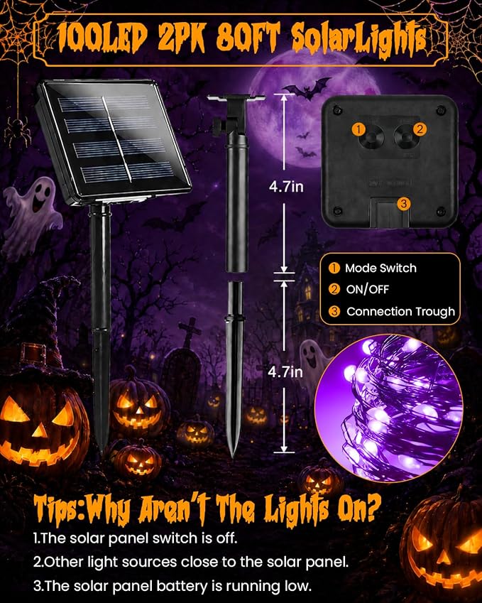 Solar Halloween String Lights Outdoor 2Pack 80FT 200LED Purple Fairy Lights | 8 lighting Modes, Auto On/Off, IP65 Waterproof, Copper Wire Twinkle Lights for Garden Tree Patio Halloween Decorations