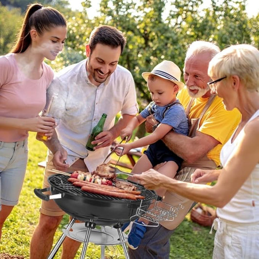 28 Inch Portable Charcoal Grill with Wheels - Porcelain Enameled Kettle BBQ with Lid, Thermometer, Ash Catcher, Storage Rack for Outdoor Backyard Camping Tailgate - Black