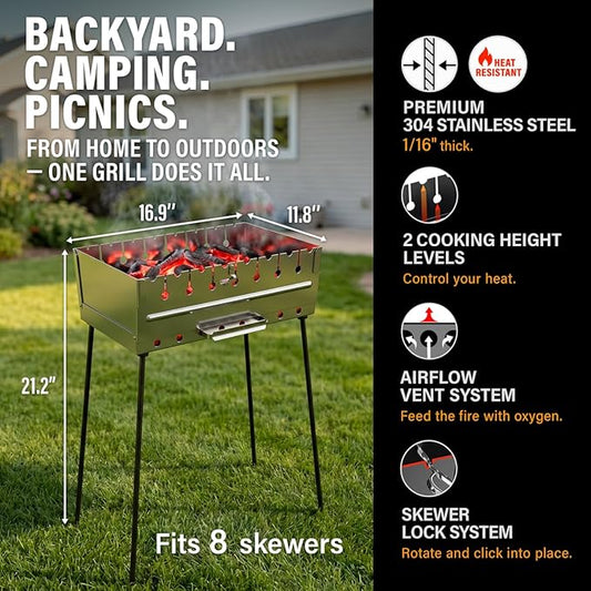 Stainless Steel Charcoal Grill for 8 Skewers – Portable BBQ 16.93"×11.81"×21.26" – Foldable Kabob Mangal – Rustproof Shish Kebab Grill for Outdoor Cooking (Skewers Not Included)