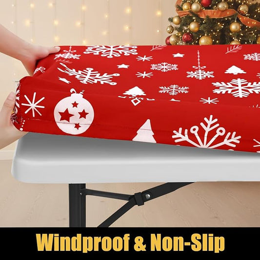Smiry Rectangle Christmas Table Cloth, Waterproof Elastic Fitted Tablecloths for 8 Foot Tables, Washable Polyester Table Cover for Dinner (Christmas Snowflakes, 30"x96")