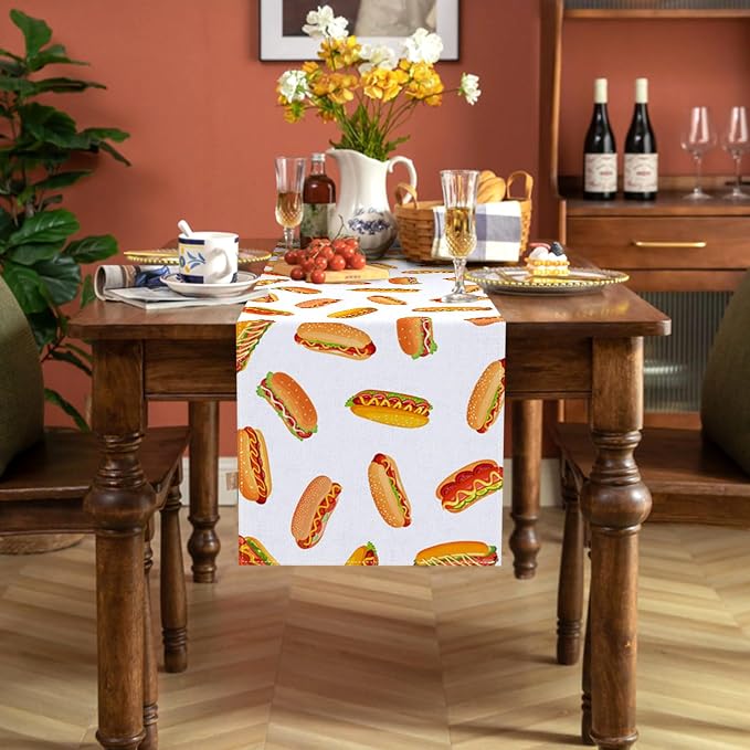 Hot Dog Table Runner Hot Dog Day Birthday Party Decoration Fast Food Sausage Dining Room Home Kitchen Table Decor (13" x 90")