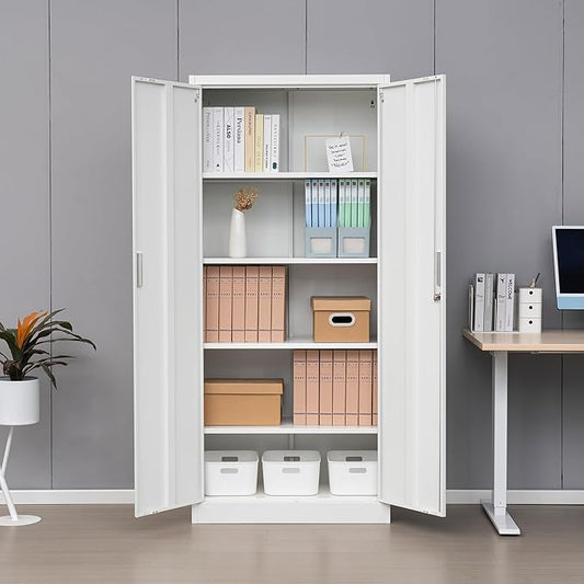Wanfu Metal Storage Cabinet, 71โH Locking Storage Cabinet with 5 Adjustable Shelves, Steel Cabinets for Garage, Home, Office, Pantry (White)