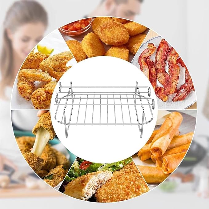 Air Fryer Double Layer Rack,Dual Air Fryer Accessories 304 Stainless Steel Skewer,Suitable 8-10 QT Air Duble Fryer,sutieable Air Fryer 4QT Above,Stackable Mesh Pan,Barbecue,(Grill with Skewer)