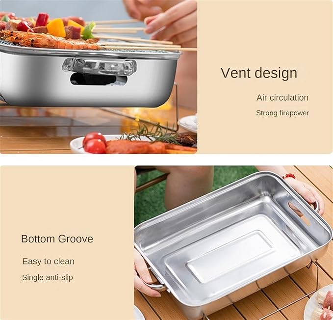 Barbecue Charcoal Grill Stainless Steel Barbecue Charcoal Grill Desktop For Camping Outdoor Hiking Portable Charcoal Grill, 38*26*11cm, Silver