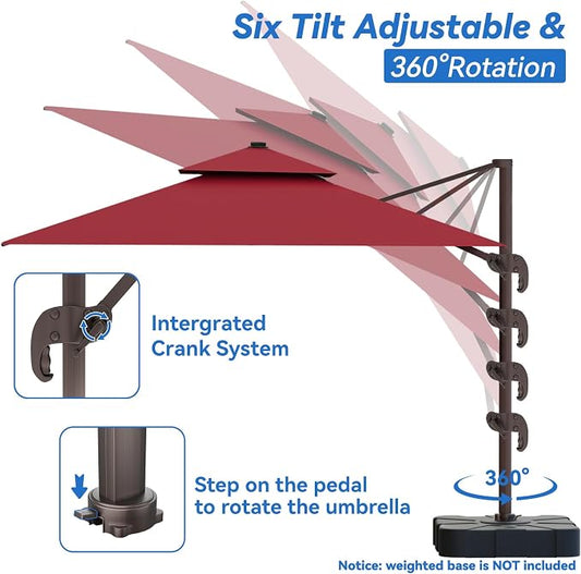 10x13FT Cantilever Outdoor Patio Umbrellas,Double Top Large Rectangle Umbrella Heavy Duty 360°Rotation Offset Outdoor Sun Shade Umbrella for Garden Deck Pool Backyard Patio, Red