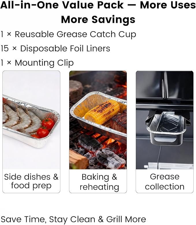 Grease Catch Pan Kit for CharBroil Performance 463331221/463365021/463448021/More Gas Grill with 9328812P06 15Pack Aluminum Liners, Drip Cup Replacement for CharBroil G416-0015-W1