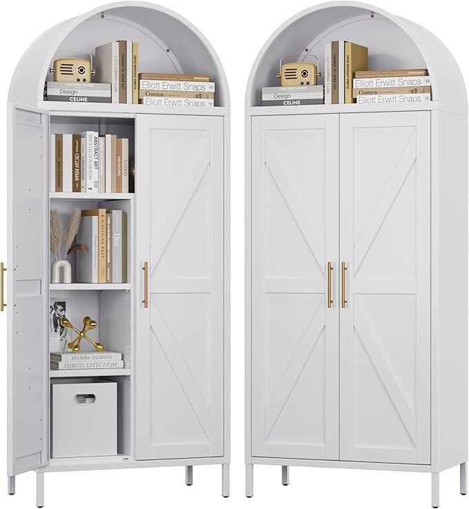 Metal Arched Pantry Cabinet with 4 Adjustable Shelves, Farmhouse Tall Arched Cabinet with 2 Doors for Kitchen,Living Room,White, Assemble Required, 13.8" D x 27.6" W x 66.9" H