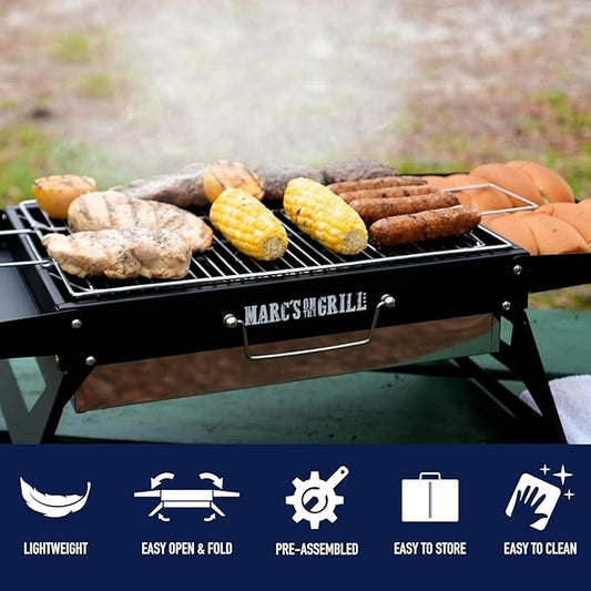 J&V TEXTILES Folding Portable Charcoal Grill, Tailgate Traveler Grill, Foldable Sturdy Durable Tabletop, Large Cooking Area 17x12" BBQ Backyard Outdoor Camping Beach Picnic Hiking (Black)