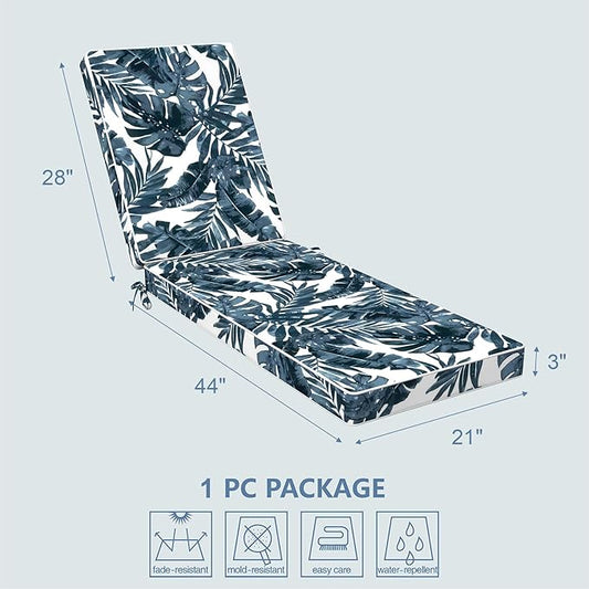 LVTXIII Outdoor Chaise Lounge Cushion 72x21x3 Inch, Water-Repellent Patio Seat Cushion with Ties & Hidden Zipper, Thick Foam Pad for Lawn Chair, Poolside, Patio Furniture, Palm Blue