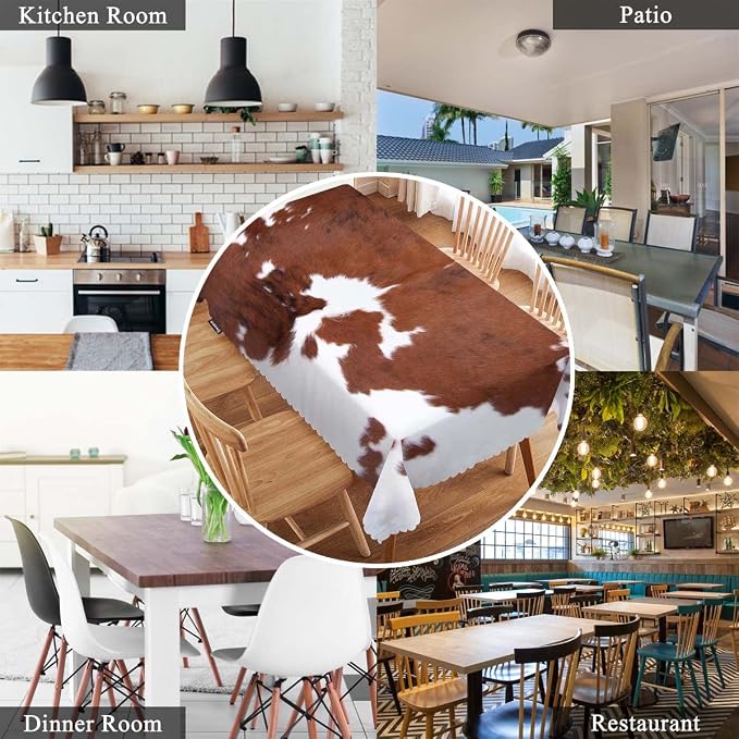 Swono Decorative Rectangle Table Cloth Cowhide, Farm Animal Brown Cowhide Print Cow Polyester Tablecloth Kitchen Table Cover for Dining BBQ Picnic Coffee Table 50x72, 4-6 Seats