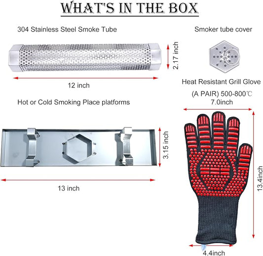 2X12'' Pellet Smoker Tube Kit, Smoke Tube for Pellet Smoker With a Stainless Steel Tray and Tube Cover, 5 Hours Billowing Smoke, Works with Any Grill or Smoker