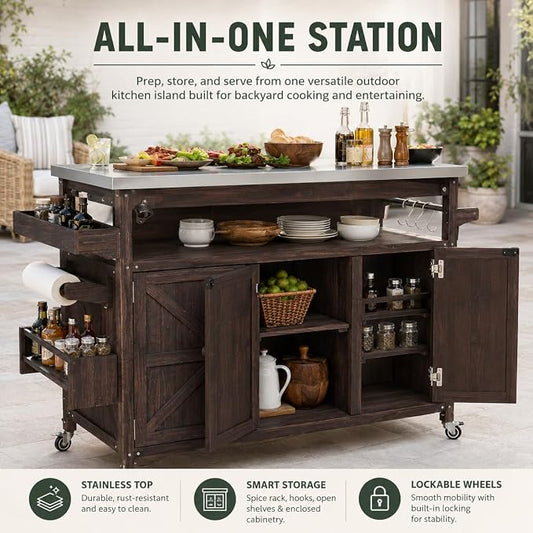 Outdoor Kitchen Island, 50.25" Rolling Grill Table with Storage Cabinet, 201 Stainless Steel Top Outdoor Bar Cart, Solid Fir Wood BBQ Prep Station with Adjustable Shelves, Spice Rack (Dark Brown)