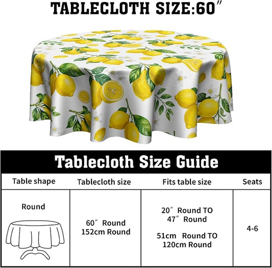 Sweetshow Yellow Lemon Table Cloth Round Fruit Tree Branches Leaves Flowers Bloom Bright Summer Tablecloth 60 Inch Decor Washable Stain and Wrinkle Spring Round Table Cover for Dining Picnic