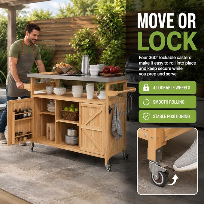 Outdoor Kitchen Island, 50.25" Rolling Grill Table with Storage Cabinet, 201 Stainless Steel Top Outdoor Bar Cart, Solid Fir Wood BBQ Prep Station with Adjustable Shelves, Spice Rack (Natural)