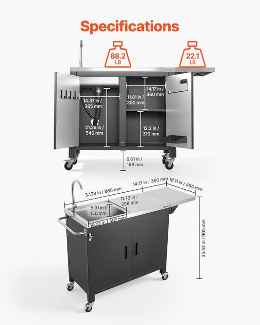 VEVOR Outdoor Grill Cart with Sink and Storage Cabinet, 52 Inch Grill Table, Waterproof Kitchen Island with Stainless Steel Top, Spice Rack, Wheel, Movable Food Prep Station for Patio Bar Backyard BBQ