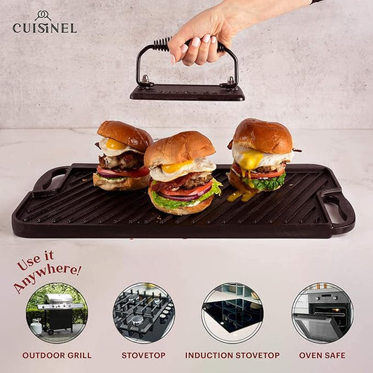 Cuisinel Cast Iron Griddle/Grill + Burger Press + Pan Scrapers - Reversible Pre-Seasoned 20" X 10" Dual Handle Flat Skillet + Griller Pan + Cleaning Accessories - Use Indoor/Outdoor Stove Burner, Gas