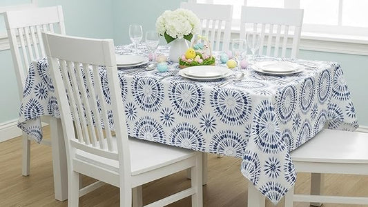 Newbridge Blue Tie Dye Vinyl Tablecloth, 60 x 102 Inch Rectangle – Flannel Backed Blue and White Table Cover for Dining, Picnics, BBQs, and Parties