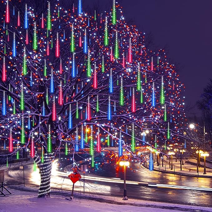 Weepong Meteor Shower Outdoor Christmas Lights 32 Tube 768LEDs Snow Falling Rain Cascading Icicle Light for Christmas Halloween Tree Decorations Wedding Party Garden Decor, UL Plug Multi Color