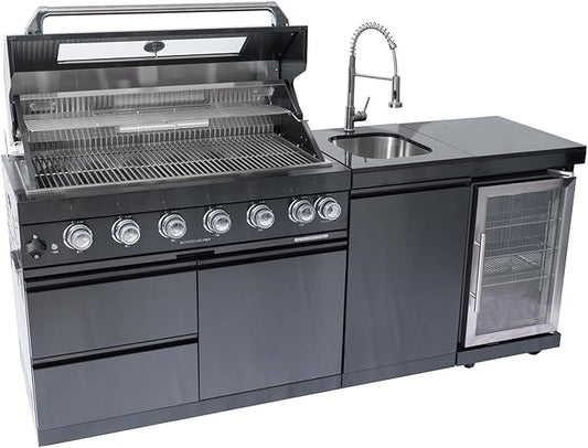 82-Inch 6-Burner 85000 BTU Deluxe Stainless Steel Gas BBQ Island Outdoor Kitchen with Wine Cooler, Rotisserie Kit, Granite Countertops & Stainless Steel Sink - Modular Outdoor Kitchen