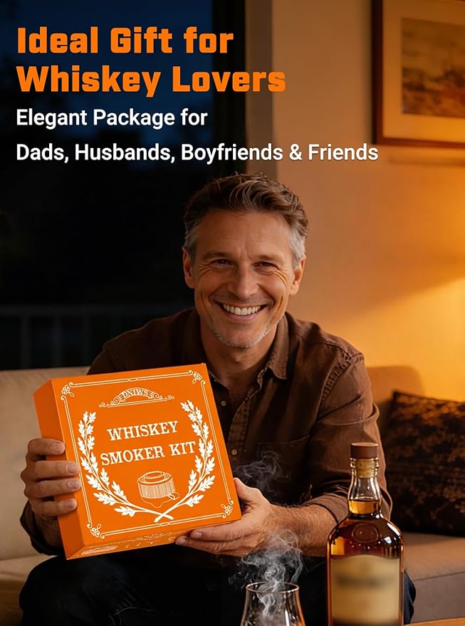 Electric Whiskey Smoker Kit with Adjustable Smoke Control (0–60s), Cocktail Smoker Kit with 6 Wood Chips, No Butane Needed, Old Fashioned Smoker Kit, Bourbon Gifts for Men, Wood Grain