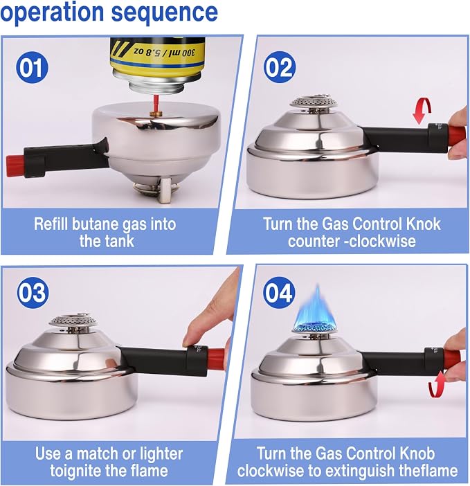 Bluefire Butane Mini Burner self-ignition with stove stand Ideal for Lab or Home- Syphon Coffee Making, Fondue Warmer, S’mores Maker