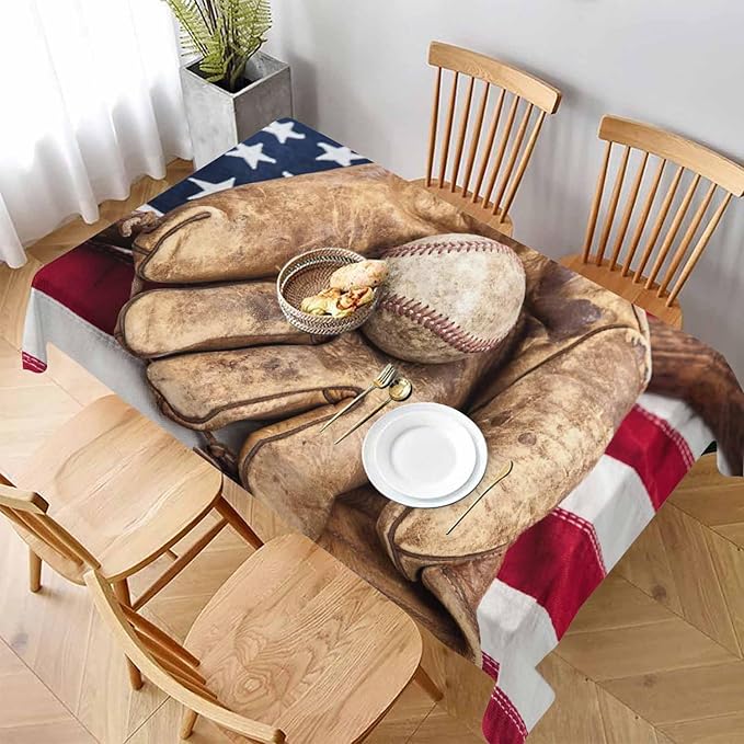 TKS MITLAN American Flag Tablecloth 60x84 Inch Rectangular Vintage Red Brown Baseball Bat Glove on USA Flag Oblong Table Cloth Kitchen Table Decorations for Home Dinner Party