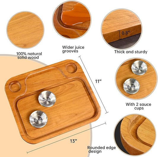 MAVOTER Wooden Steak Plates include 2 Sauce Cups, Wood Steak Board Set Serving Tray for Food Meat Cutting Board with Juice Groove, Charcuterie Board Platter for Home