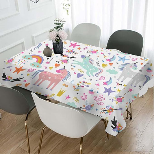 TKS MITLAN Unicorn Tablecloth Decor Rainbow Cute Doodle Fun Beautiful Cartoon Art Blue Flowers Leaf Table Cloth Dining Room Kitchen Table Cover 60" X 84" Oblong/Rectangle