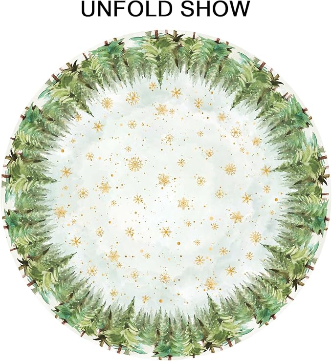 Sweetshow Winter Gold Snowflake Table Cloth Round Green Christmas Tree Tablecloth 60 Inch Winter Decor Washable Stain and Wrinkle Resistant Round Table Cover for Dining Party Picnic