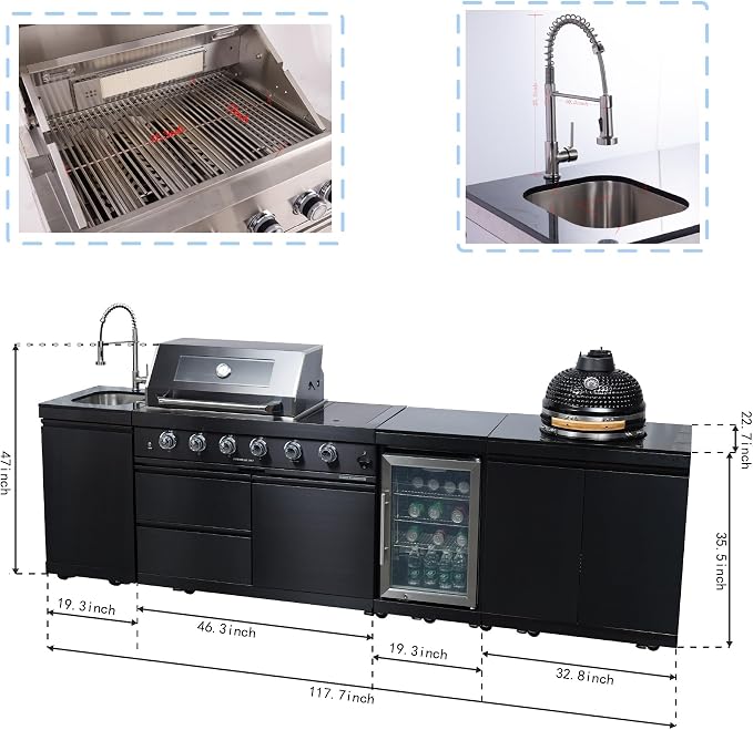118" Outdoor Kitchen Island,Natural Gas Grill with Kamado Grill,72000 BTU. | Stainless Steel Grill with Side Burner,Rotisserie,Refrigerator,Sink,Granite Countertop,Storage Cabinets.Sleek Black Finish
