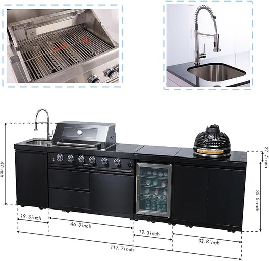 118" Outdoor Kitchen Island,Natural Gas Grill with Kamado Grill,72000 BTU. | Stainless Steel Grill with Side Burner,Rotisserie,Refrigerator,Sink,Granite Countertop,Storage Cabinets.Sleek Black Finish